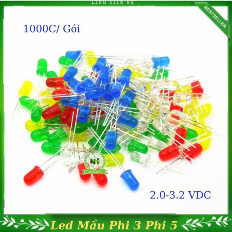 Gói 1000 chiếc Led đủ mầu (Đỏ, Vàng, Xanh Lá , Xanh Dương) 2.0-3.2VDC Loại Tốt