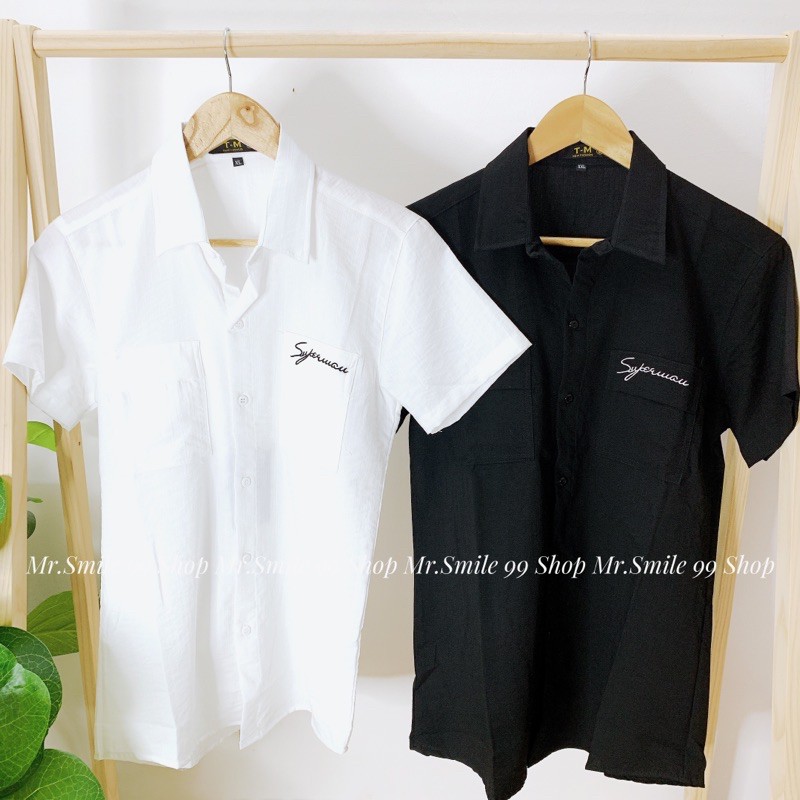 SƠ MI BASIC ĐŨI TRẮNG ĐEN TAY NGẮN THÊU CHỮ MR SMILE 99 SHOP