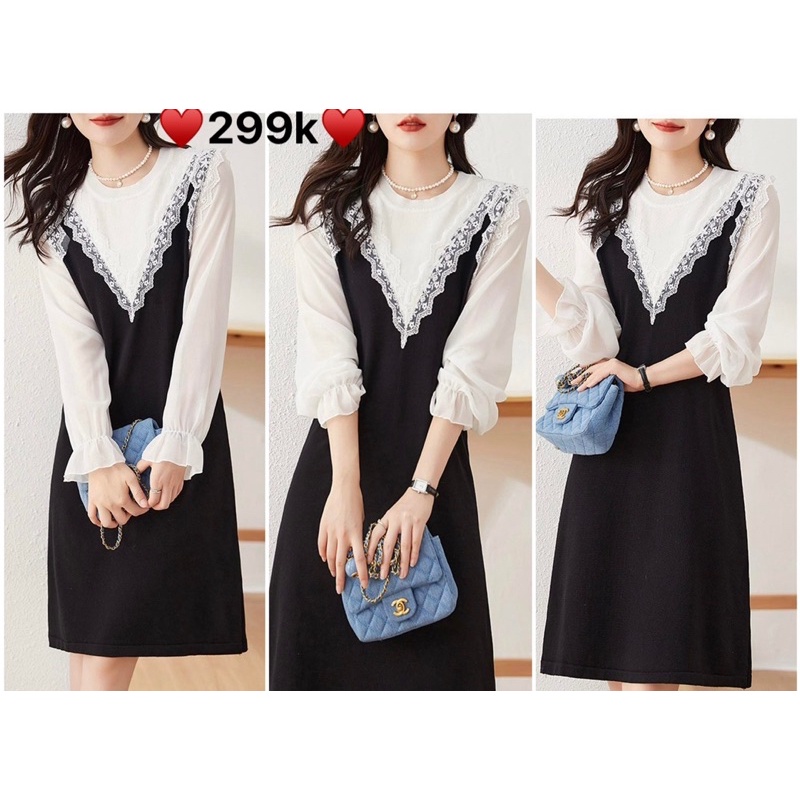 Đầm len suông pha ren phối tay voan QCCC