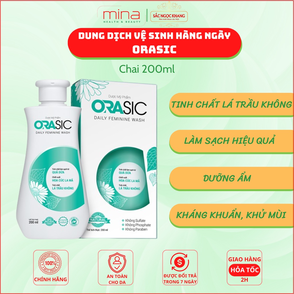 Dung Dịch Vệ Sinh Phụ Nữ Hàng Ngày ORASIC 200ml - Tinh chất lá Trầu Không làm sạch, dưỡng ẩm, khử mùi, kháng khuẩn