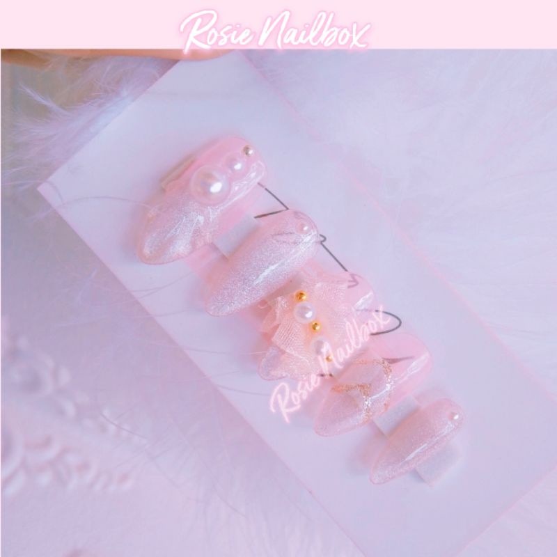 1 bộ Móng úp màu hồng thạch phối nơ ren kèm hoạ tiết trang trí độc đáo kèm dũa hoặc keo dán