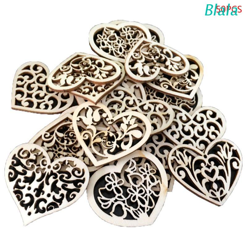 Set 50 Miếng Gỗ Rỗng Hình Trái Tim Khắc Họa Tiết Dùng Trang Trí Sổ Tay/ Đồ Thủ Công DIY