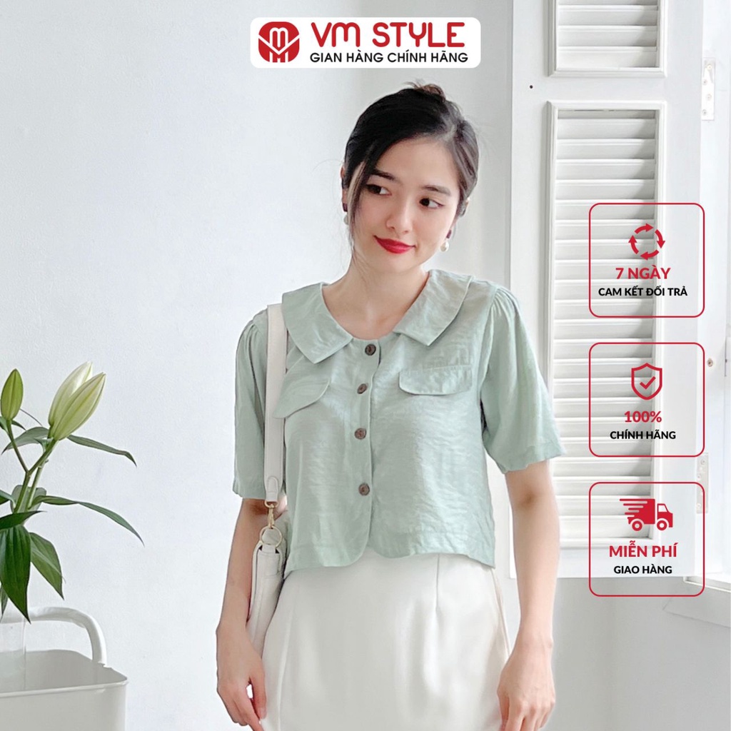 Áo sơ mi kiểu nữ VMSTYLE tay ngắn cổ sen phối túi nắp 10384 22SU012X1305