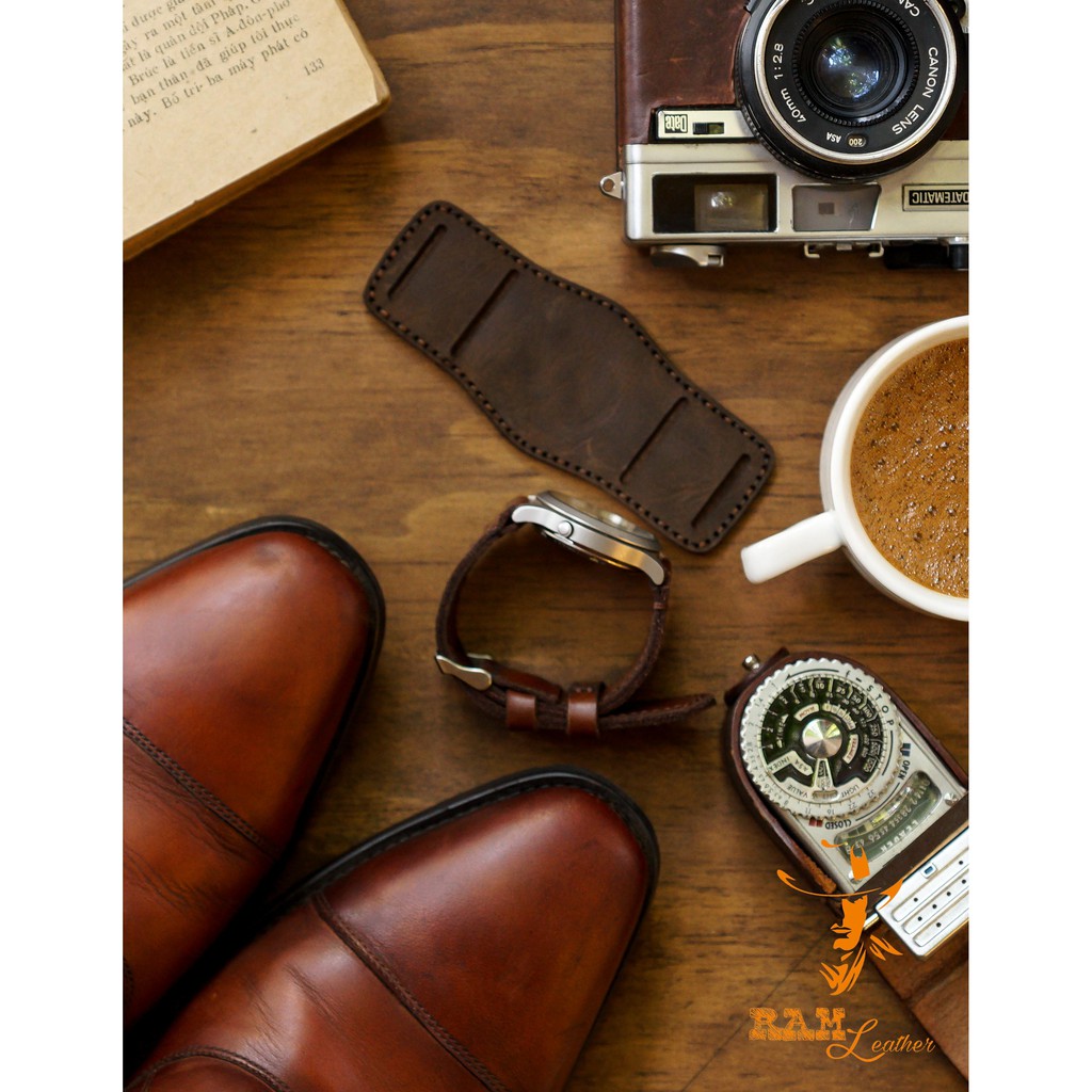 Combo dây đồng hồ da bò nâu đỏ kiểu quân đội cực đẹp RAM Leather B2 1980 - tặng khóa chốt và cây thay dây