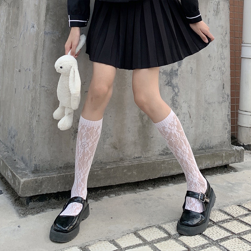 White Flower Lace Socks Mesh Velvet Leg Socks JK Cosplay Costumes Accessories Uniform Dark Girl Fash