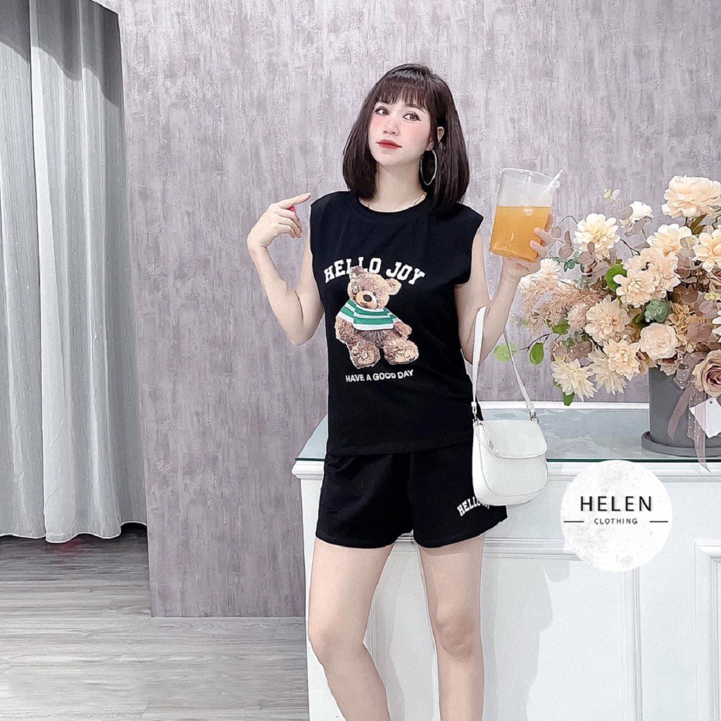 Bộ đồ nữ mặc nhà sát nách, bộ mặc nhà Bigsize hình gấu vải cotton co giãn bao đẹp tpp454 mới