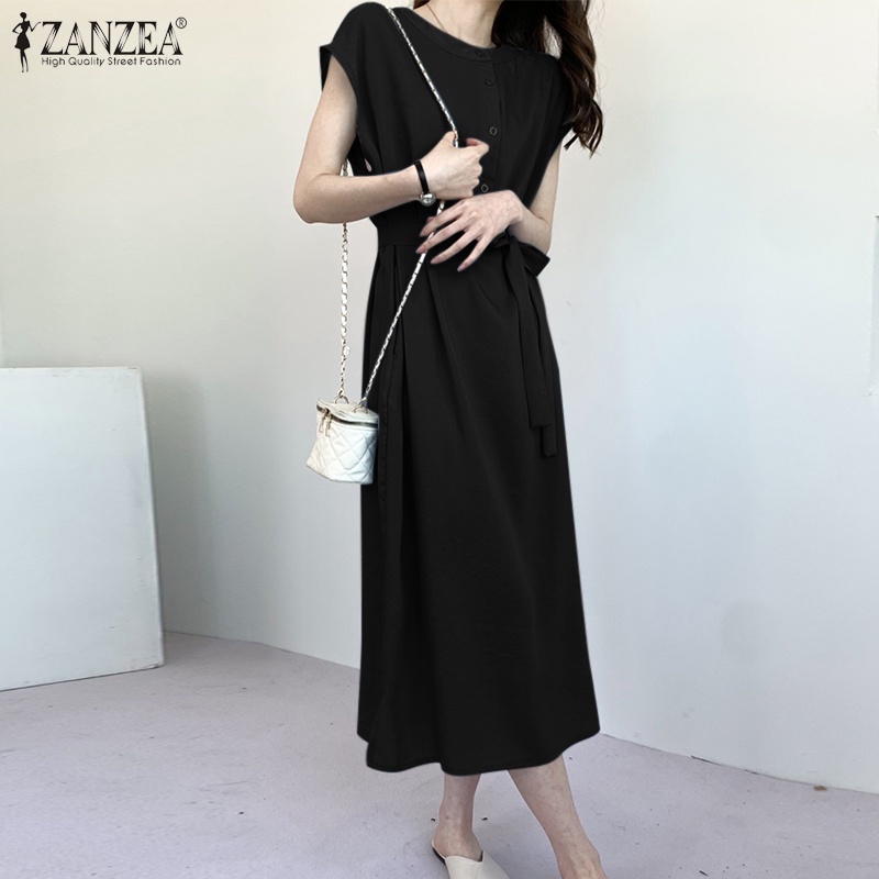 Đầm ZANZEA cổ tròn tay ngắn có nút cài phía trước thời trang cho nữ