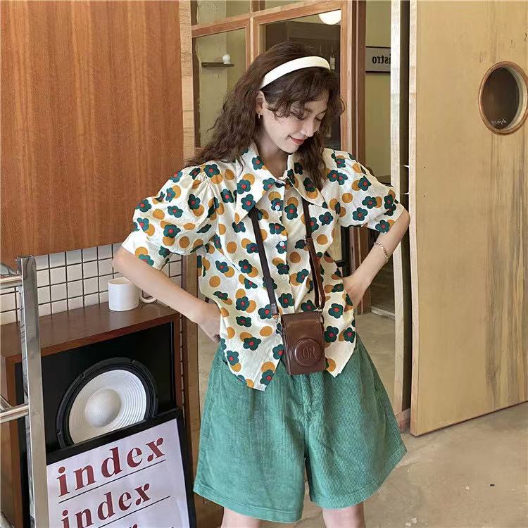 Áo Sơ Mi Tay Ngắn Phồng Cổ Búp Bê In Hoa Phong Cách Retro Pháp Cho Nữ