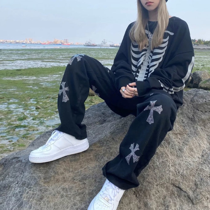 Áo Sweatshirt Tay Dài Oversize In Hình Xương Ngực Phong Cách Punk Cho Nữ
