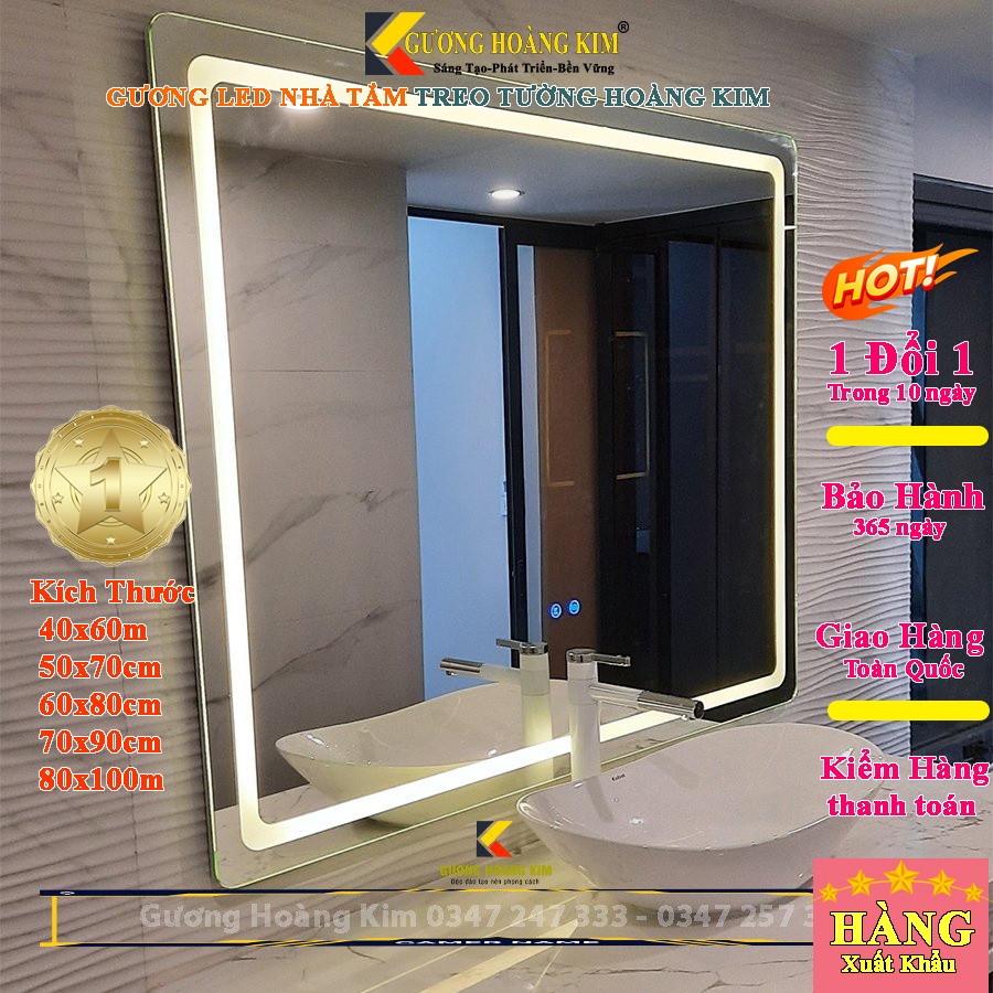 Gương led nhà tắm chữ nhật trang điểm treo tương cảm ứng thông minh kích thước guonghoangkim KT:50x70 cm