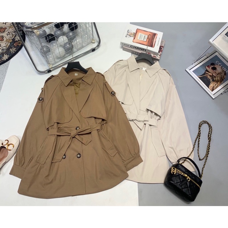 Áo Mangto/Khoác mangto kaki cổ bẻ 2 mẫu tay bo và tay suông, đai thắt eo và chun đai eo hot hit