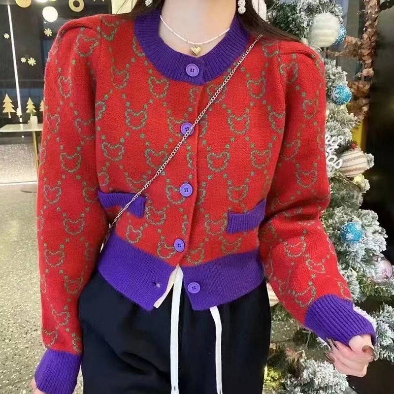 Khoác Cardigan Dệt Kim Dày In Hình Gấu Hoạt Hình Màu Tương Phản Phong Cách Hàn Quốc Thời Trang Cho Nữ
