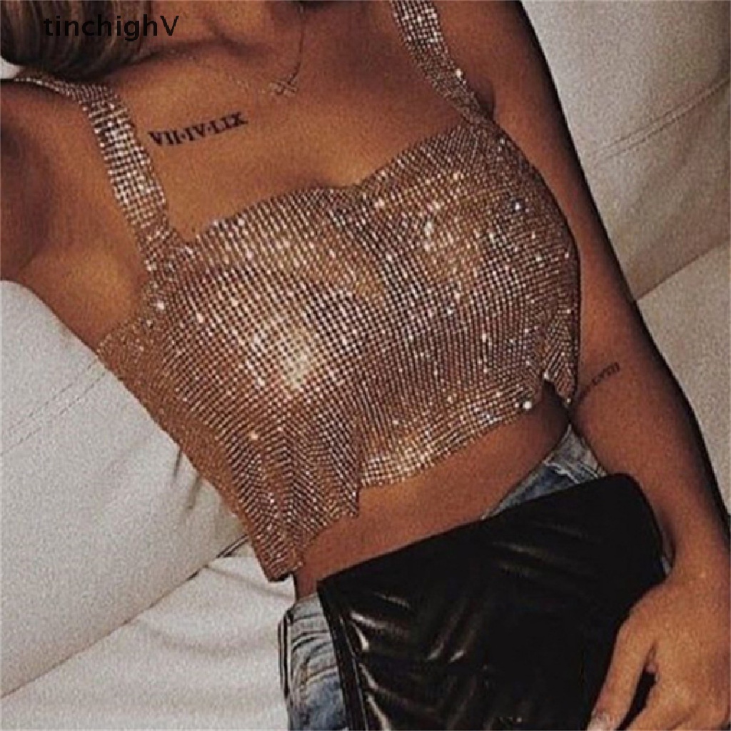 [TinchighV] Áo Crop Top Hai Dây Đính Đá Kim Sa Lấp Lánh Toàn Diện Màu Trơn Thời Trang Dự Tiệc Cho Nữ [Mới]