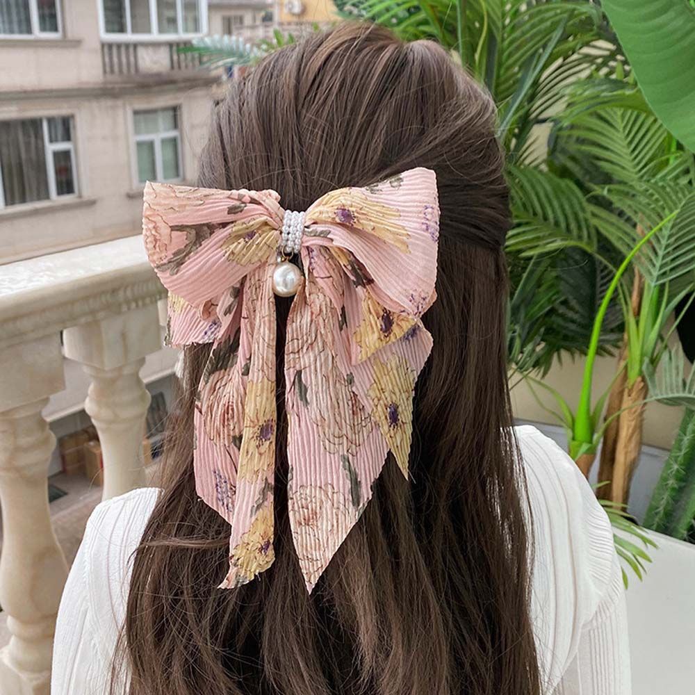 Summer Korean Floral Pearl Chiffon Bow Hairpin Cute Women's Sweet Temperament Spring Clip Hair Accessories