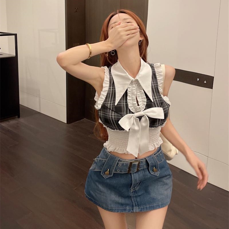 Áo Kiểu Không Tay Phối Nơ Họa Tiết Sọc Caro Quyến Rũ Thời Trang