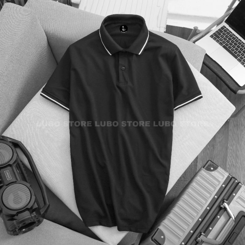 Áo thun nam nữ polo cổ trụ cotton tay ngắn phối sọc 2 màu Trắng/Đen