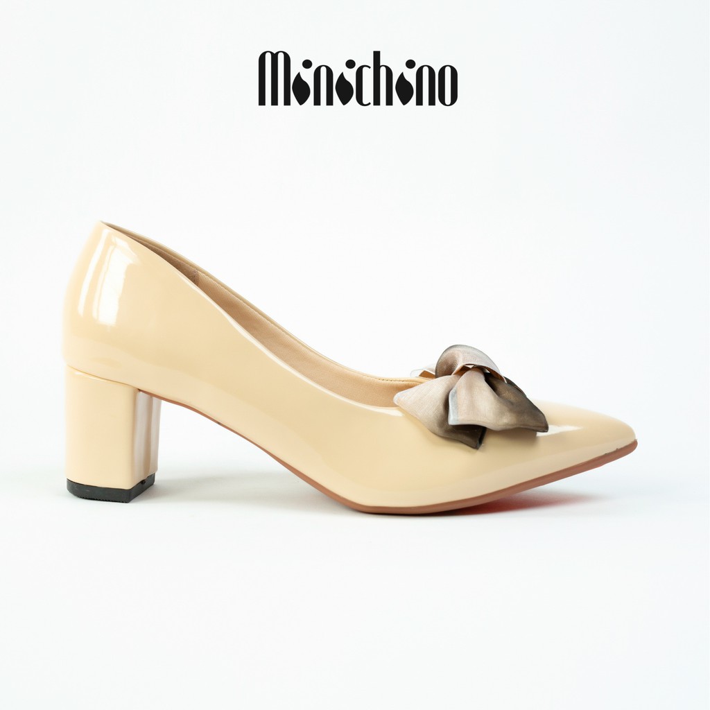 Giày cao gót nữ cao 5cm MINICHINO giày búp bê nữ mũi nhọn da bóng phối nơ thời trang màu kem TC047 | BigBuy360 - bigbuy360.vn
