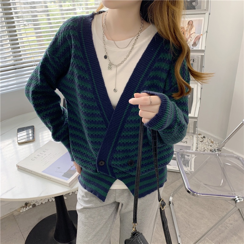 SUXI Áo Khoác Cardigan Dệt Kim Dáng Rộng Hoạ Tiết Kẻ Sọc Phong Cách Retro Hàn Quốc