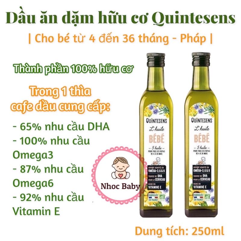 Dầu ăn dặm hữu cơ Quintesens cho bé 4m+ chai 250ml (Pháp)