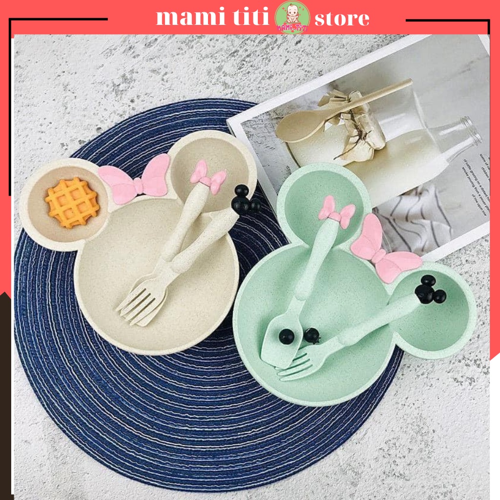 Khay ăn dặm cho bé kèm thìa dĩa, chất liệu lúa mạch in hình Micky