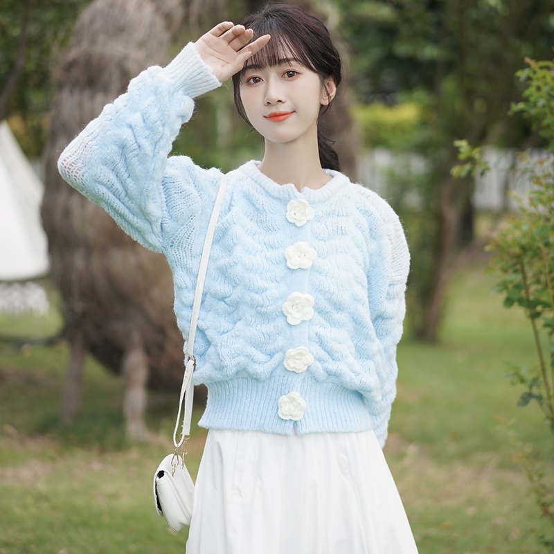 [ORDER] Áo len cúc hoa cổ tròn tay bồng nhẹ xinh Hàn Quốc móc thủ công sợi thưa Quảng Châu AO020