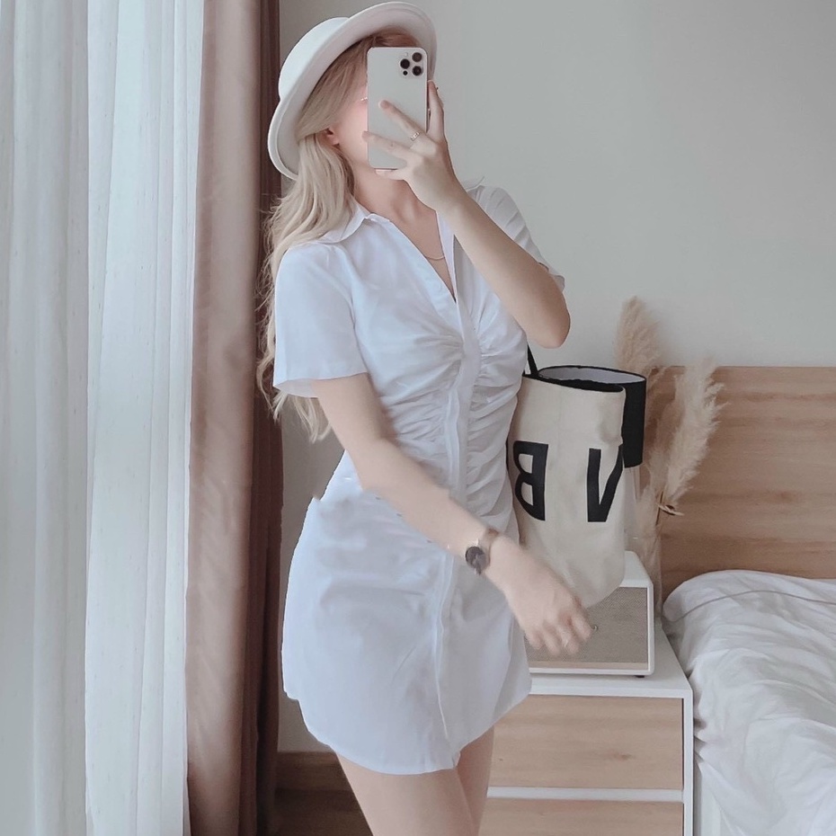 Đầm sơ mi nữ thời trang stclothing  thiết kế nhún eo cài nút st 75- mẫu mới