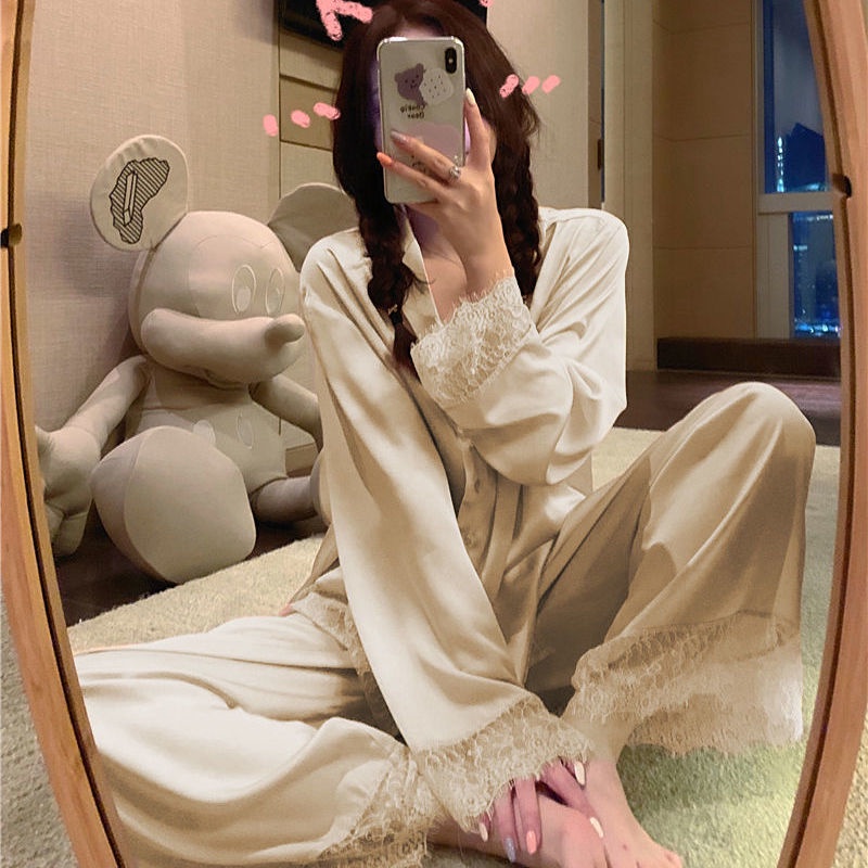 Bộ đồ ngủ tay dài dáng rộng phối ren thời trang quyến rũ cho nữ