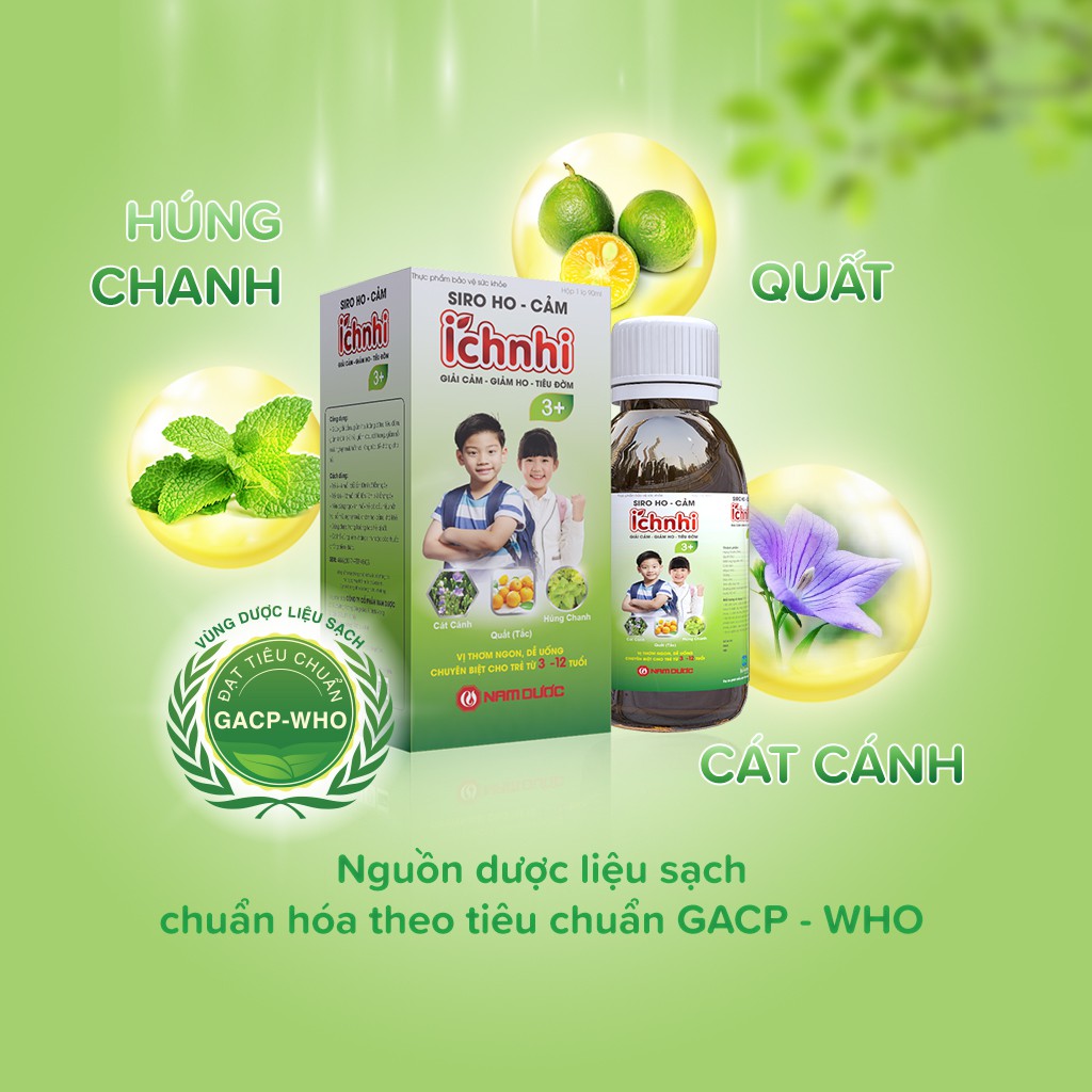 Siro ho cảm Ích Nhi 3+ - Giải cảm, giảm ho, tiêu đờm, giảm sổ mũi, phòng cảm lạnh cho bé trên 3 tuổi. Chai 90ml