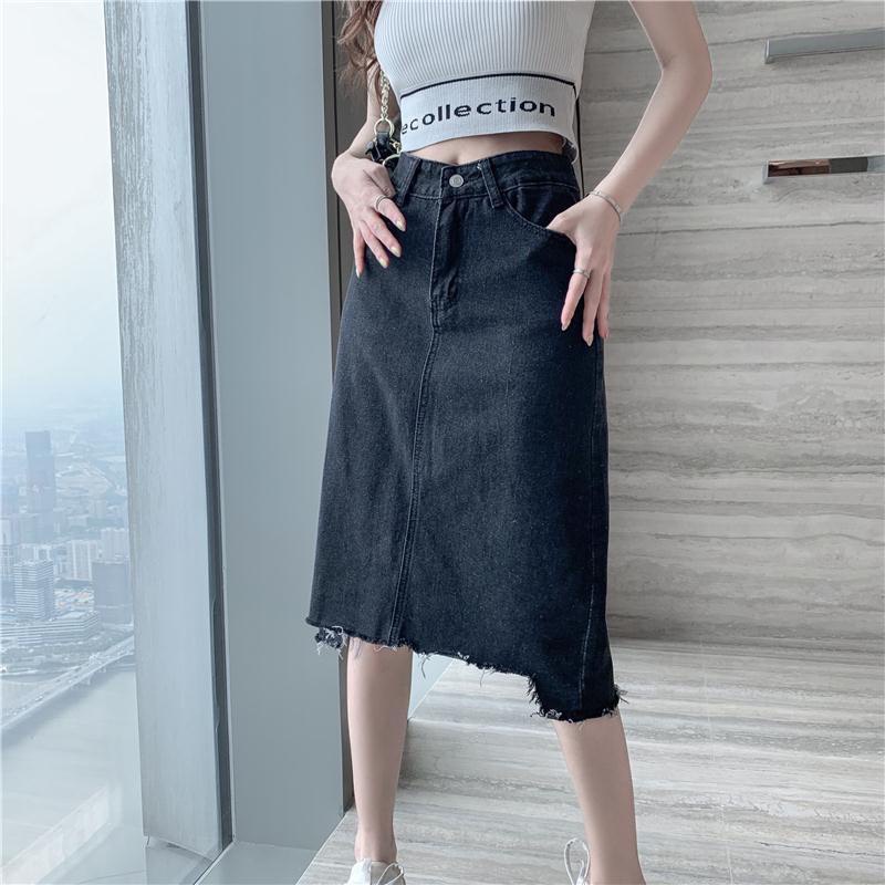 Chân váy jean midi dáng chữ a váy bò dài qua gối cạp cao rách gấu A5