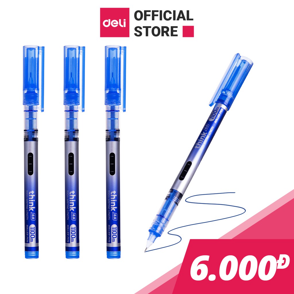 Bút Bi Nước Khô Nhanh Deli Ngòi 0.5mm - Nét Viết Trơn Tru, Có Vạch Mực Và Nắp Đậy - Ghi Chép Văn Phòng, Ký Tên EQ300-BL