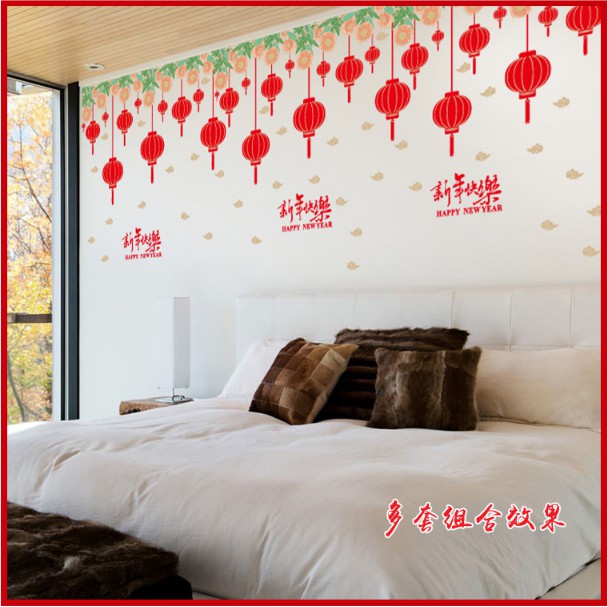 Decal trang trí Tết - Rèm dây Hoa Cúc Cam lớn và lồng đèn đỏ kèm chữ