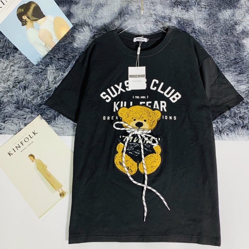 Áo Phông bigsize hình gấu thêu buộc nơ