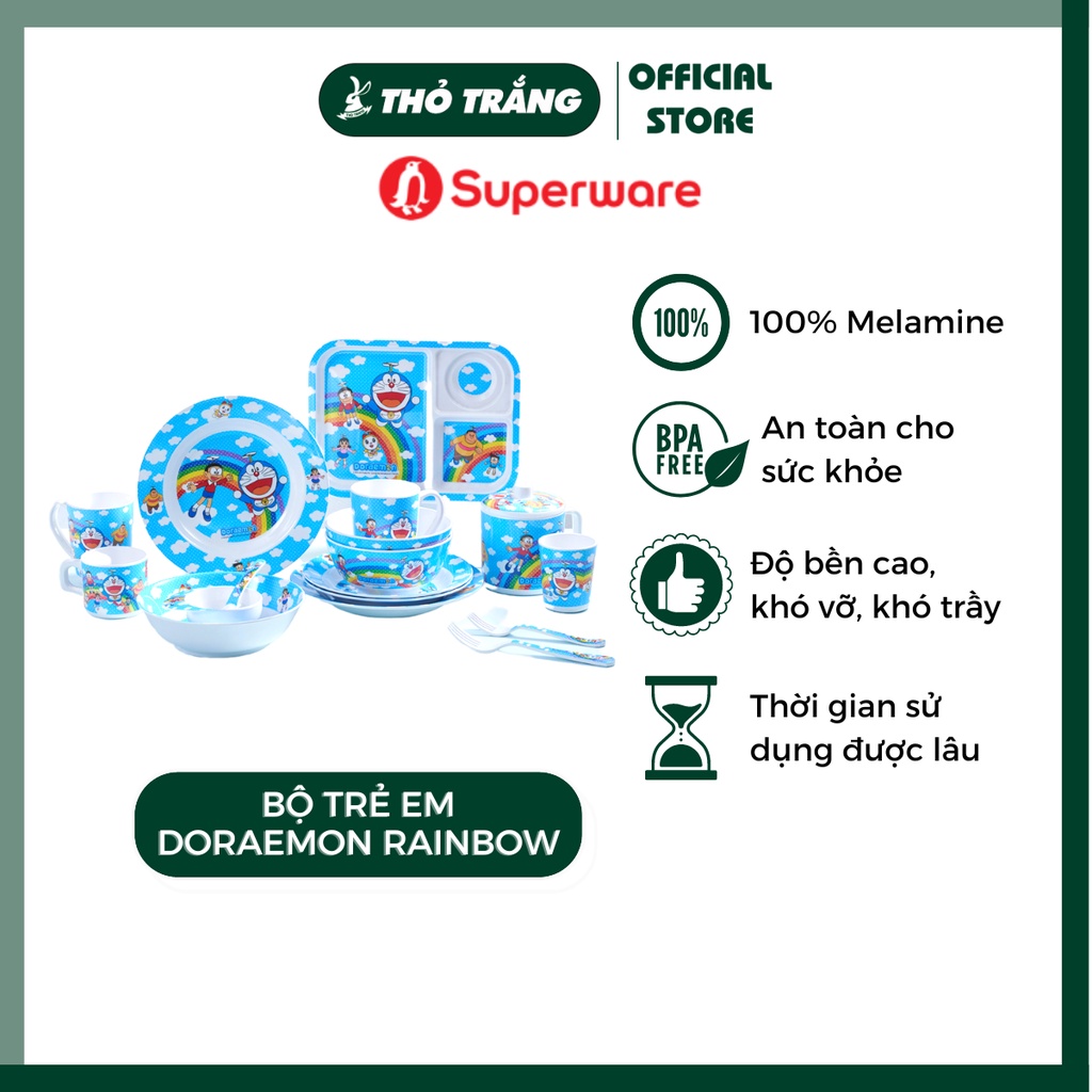 Bộ chén dĩa ăn dặm trẻ em hoa văn Doraemon Rainbow cao cấp thương hiệu Superware