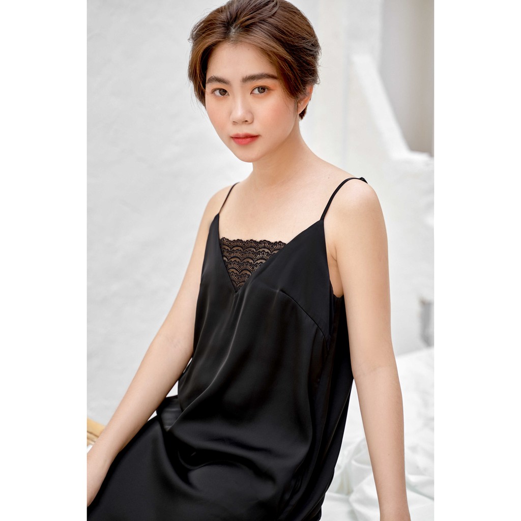 Váy ngủ lụa 2 dây hàng thiết kế cao cấp VIBES Ink Silk Strap Dress