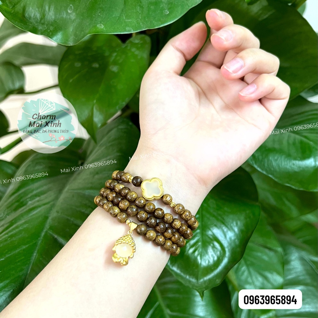 Chuỗi Trầm Hương Tốc &amp; Sánh Chìm 108 Hạt Phối Charm Hoa  + Móc treo Diện Phật - Vòng Tay Hoa Gỗ tự nhiên Nam Nữ