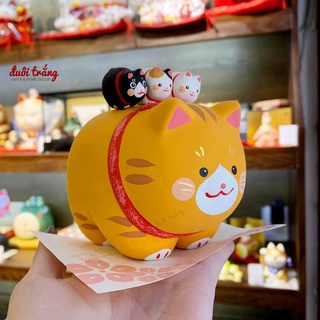 Mèo thần tài mập ú cõng 3 con 10,5cm - Hãng thủ công Ryukodo Nhật bản