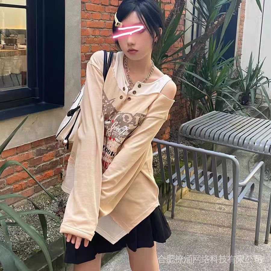 Ya culture Áo Thun Dài Tay Giả Hai Mảnh Không Đối Xứng In Họa Tiết Phong Cách punk Milan y2k hot girl