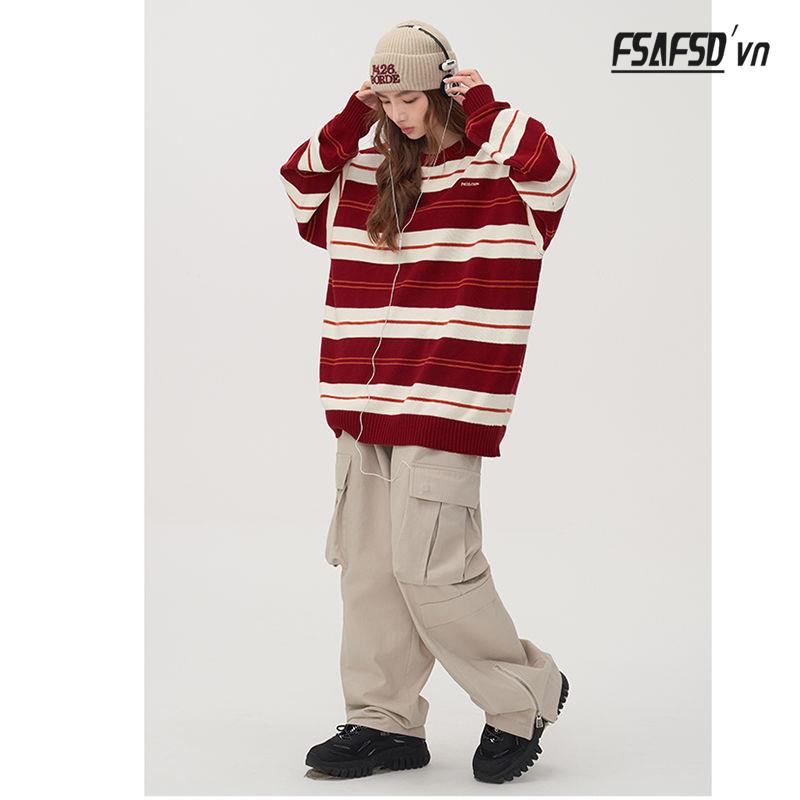 Áo Sweater Dệt Kim Mỏng Kẻ Sọc Dáng Rộng Phong Cách Hip Hop Đường Phố Mới Cho Cặp Đôi