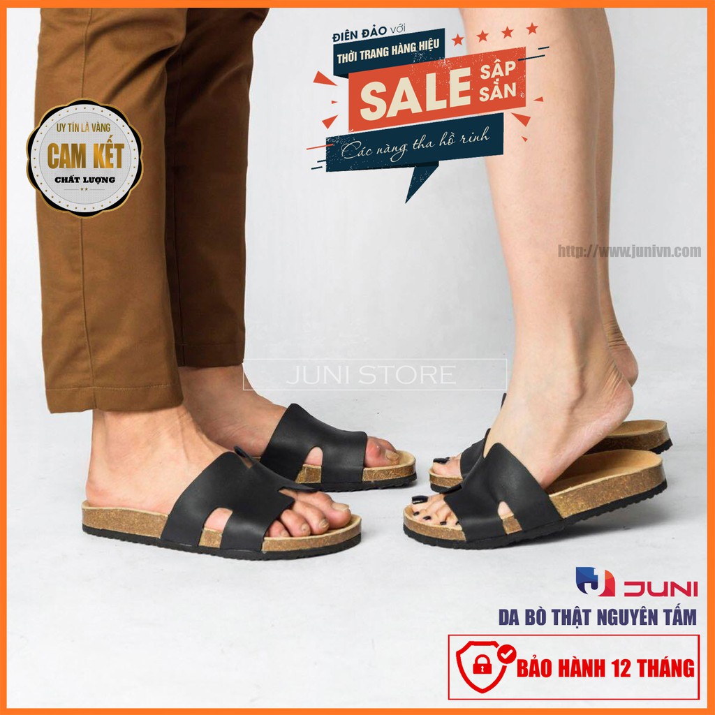[DA BÒ THẬT] D04-Dép da chữ H Birken Bioline Unisex (Đế trấu) - Juni Store