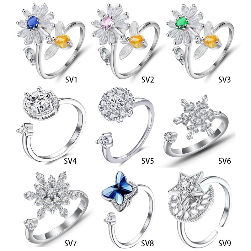 Nhẫn bạc họa tiết hoa và ong đính đá zircon có thể xoay điều chỉnh hỗ trợ giảm căng thẳng lo âu thời trang cho nữ