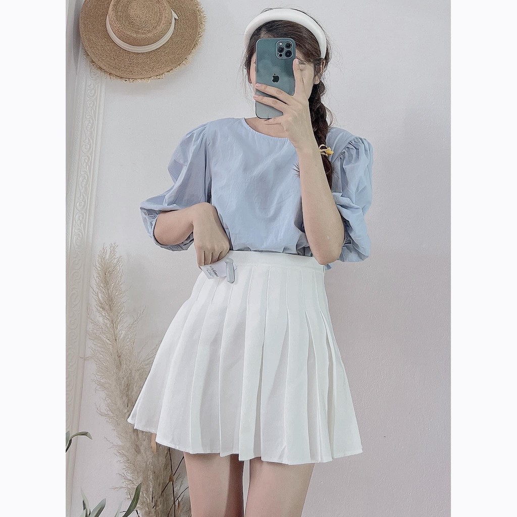 [Ảnh thật] Áo babydoll trơn tay bồng cổ tròn - Áo sơ mi cổ tròn tay bồng