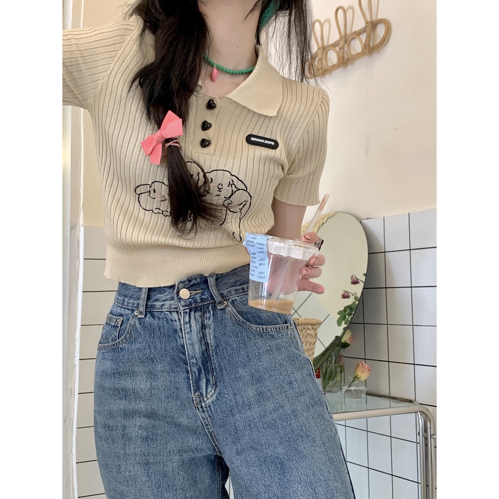 Cocory vn Áo Thun Croptop Dệt Kim Tay Ngắn Cổ Polo Thêu Họa Tiết Thỏ Thời Trang Mùa Hè Cho Nữ