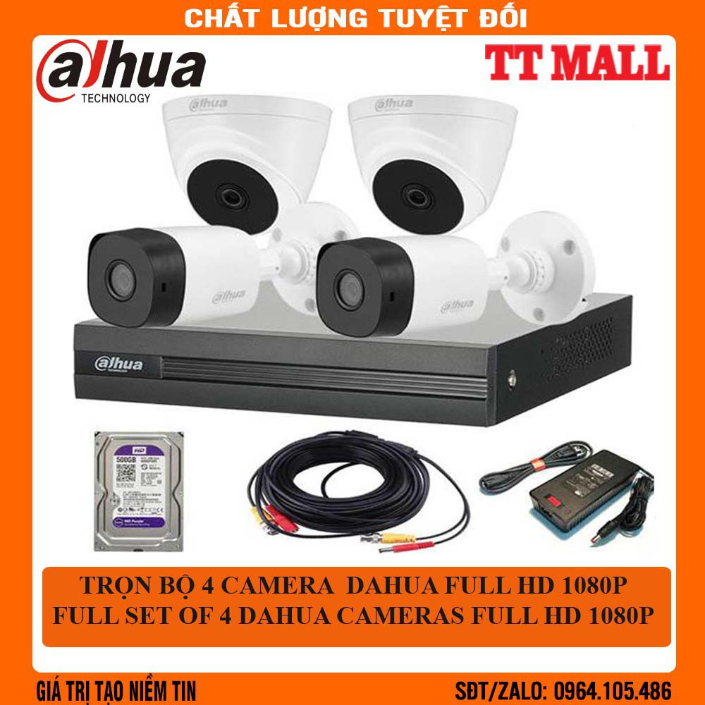 [Mã ELHAMS5 giảm 6% đơn 300K] {Giá Hủy Diệt}Trọn bộ 4 camera DAHUA Full HD 1080p + HDD 500G tặng mỗi camera 15m dây