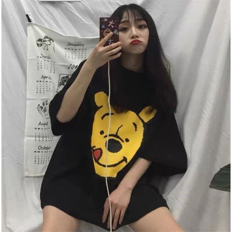 Áo thun tay lỡ mặt gấu vàng unisex form rộng