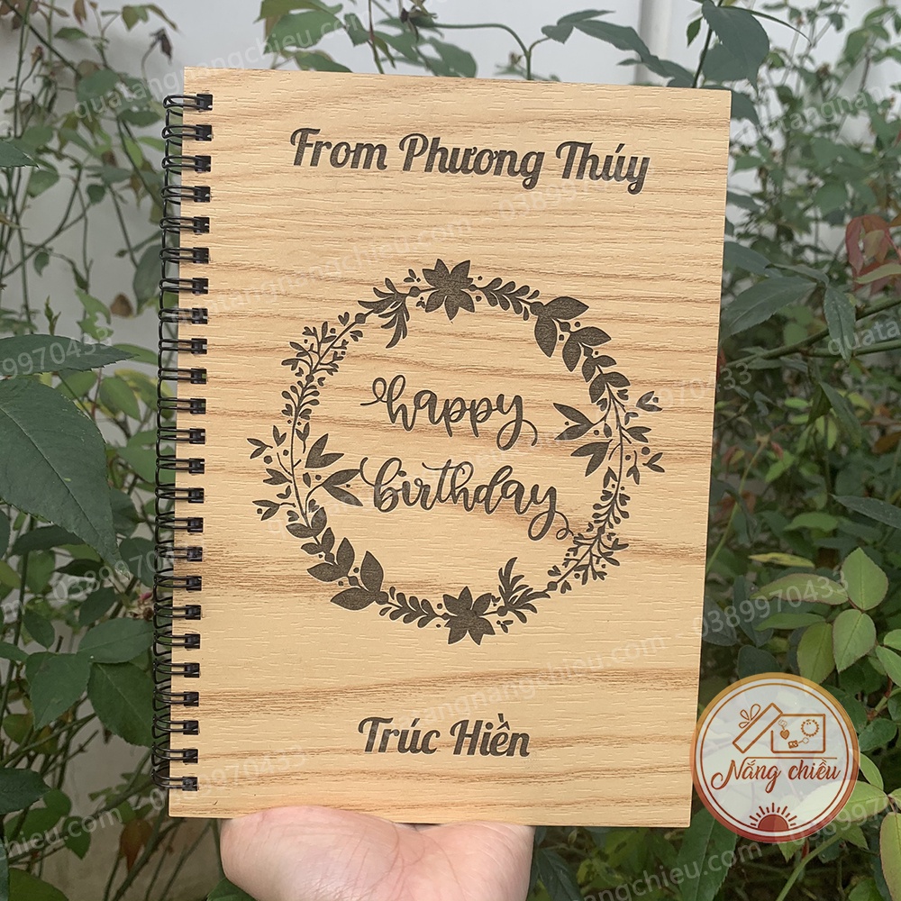 Quà tặng sinh nhật ý nghĩa, sổ tay quà tặng sinh nhật,  Happy Birthday, Bìa gỗ , gáy lò xo, khắc tên theo yêu cầu