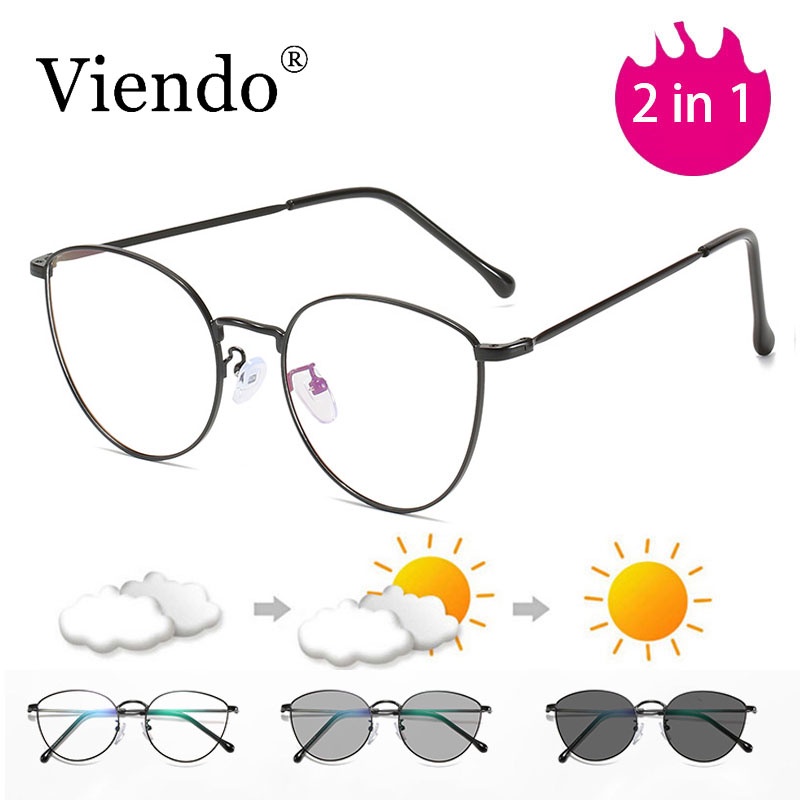Kính cận VIENDO gọng hợp kim dáng mắt mèo đổi màu chống ánh sáng xanh chống tia UV cao cấp thời trang(có thể cắt cận thị ống kính)