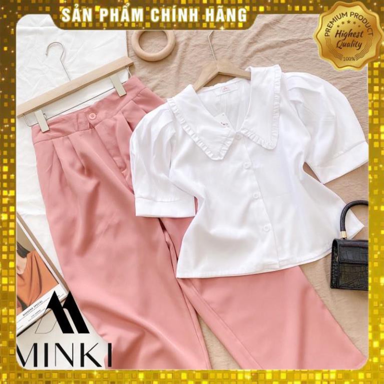 [MÃ XIA FREEHIP] SET ÁO SƠ MI + QUẦN SUÔNG Pastel - Chất liệu cao cấp -Màu Trắng phối Hồng pastel -[THIẾT KẾ]