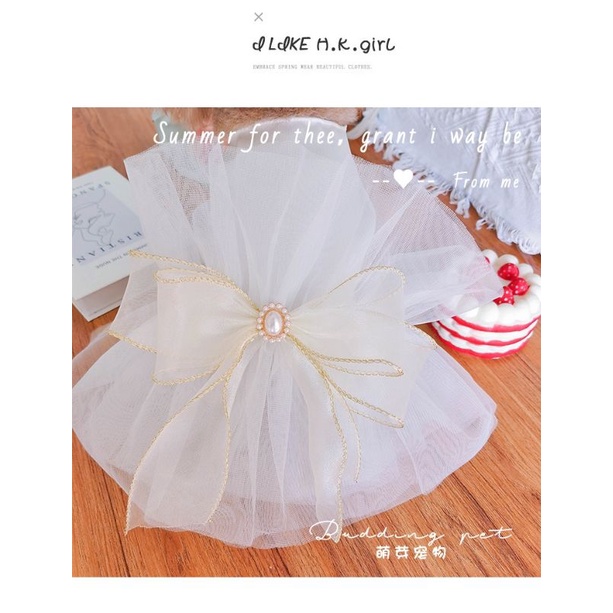Đầm Váy Cưới Trắng Cho Chó Mèo Thú Cưng, Đầm Công Chúa Đính Nơ Phối Lưới Cao Cấp Hàng Thiết Kế