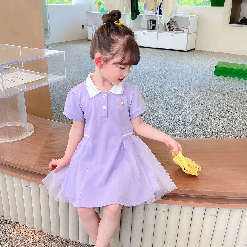 Áo đầm cổ polo dài trung bình tay ngắn phong cách sinh viên phương Tây Hàn Quốc dành cho bé gái