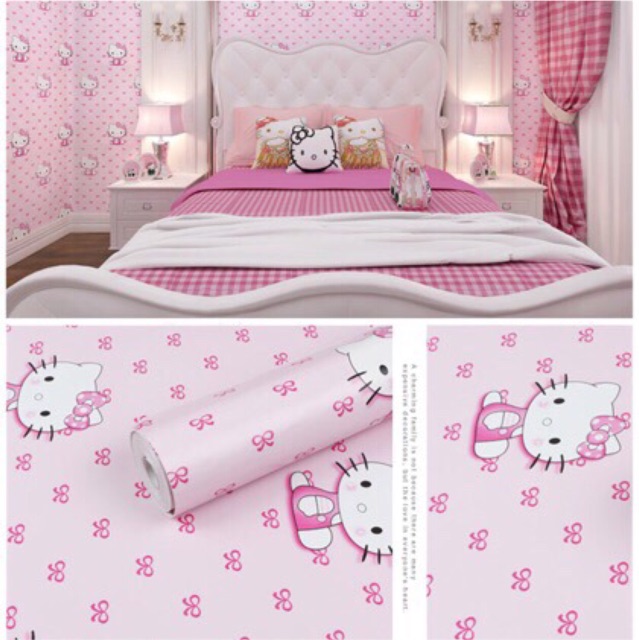 Giấy dán tường hello kitty nơ hồng các mẫu cực dễ thương 10mx45cm có keo